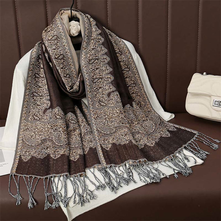Écharpe en cachemire jacquard à imprimé floral coloré avec pompons et Buddha Stones pour l'automne et l'hiver