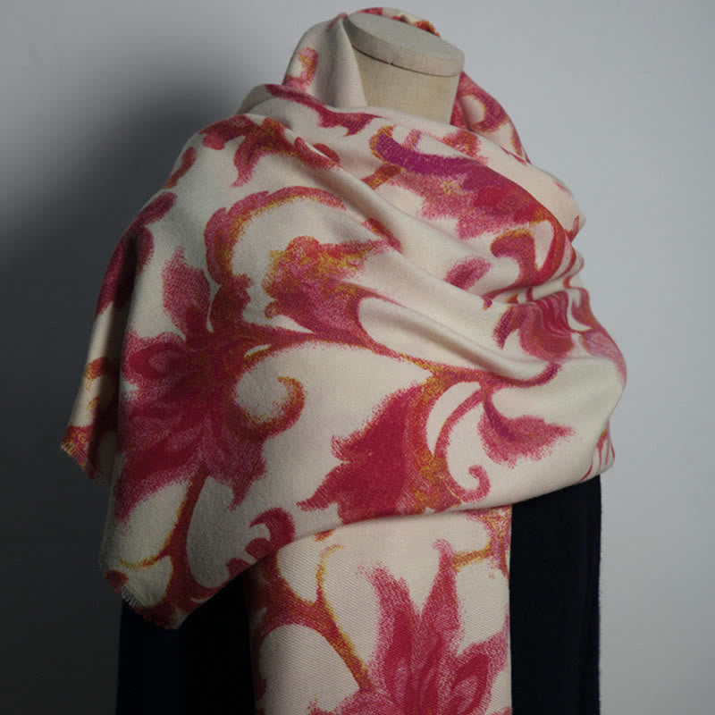 Châle imprimé fleur rouge tibétain Buddha Stones automne hiver doux écharpe chaude - Beige rouge 192*65cm - image 0