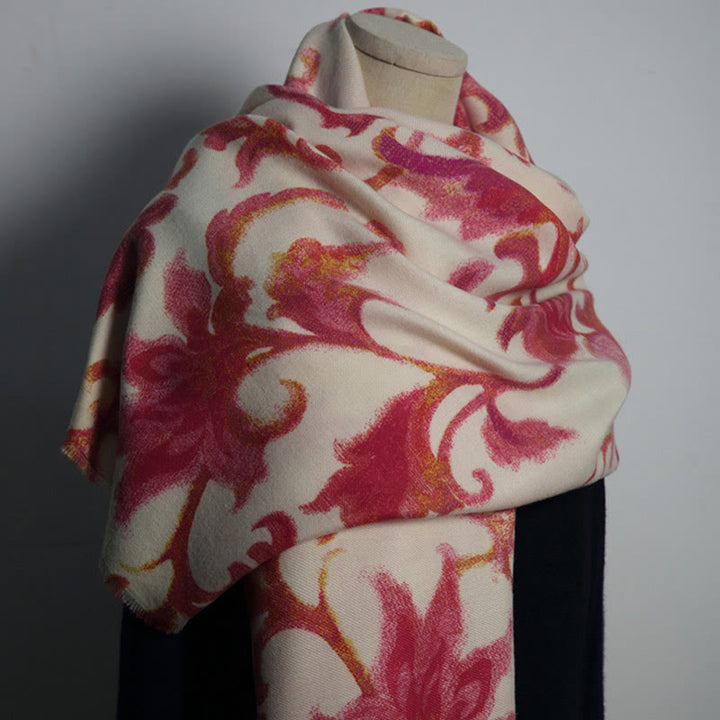 Châle imprimé fleur rouge tibétain Buddha Stones automne hiver doux écharpe chaude - Beige rouge 192*65cm - image 0