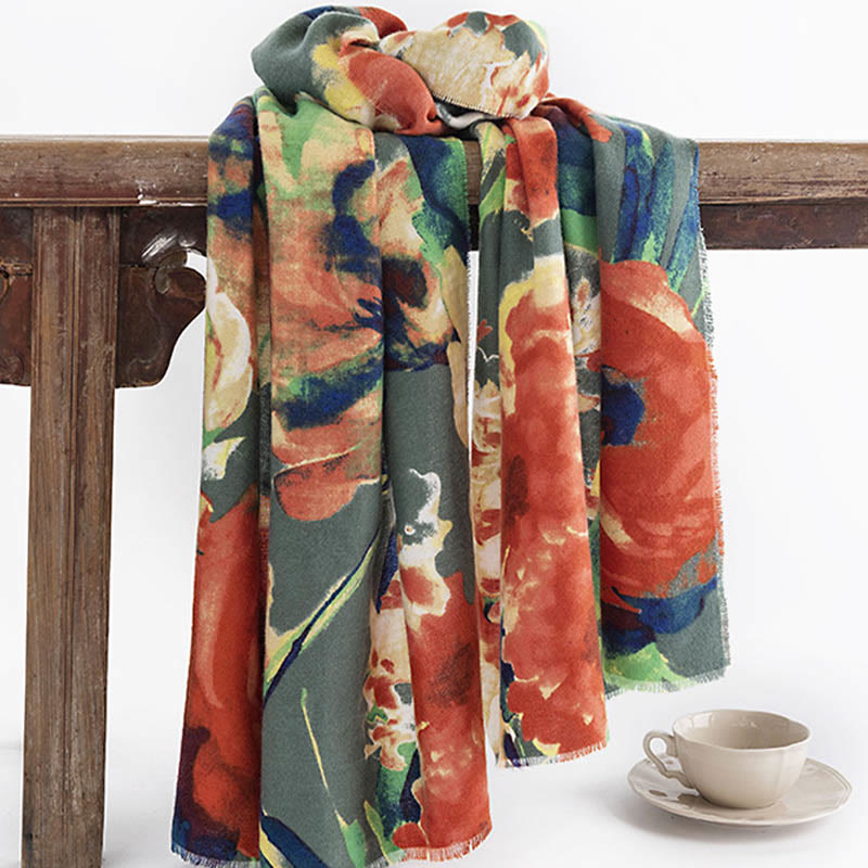 Écharpe enveloppante confortable et chaude Buddha Stones, peinture à l'encre chinoise rétro tibétaine et imprimé floral, pour l'automne et l'hiver