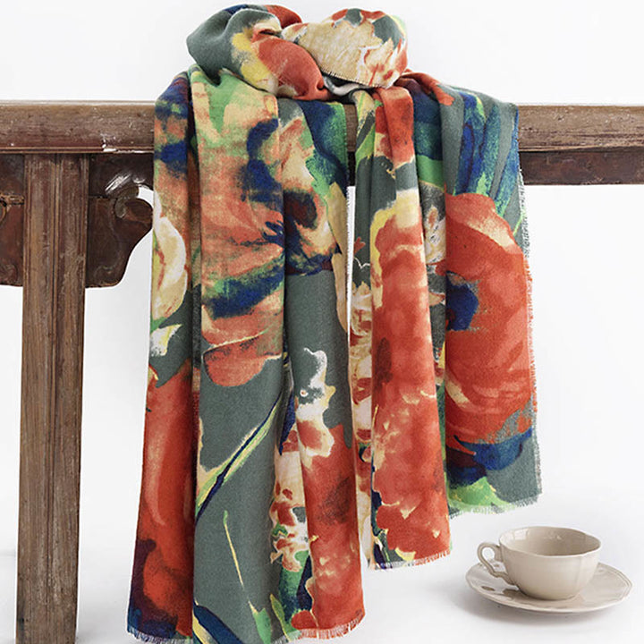Écharpe enveloppante confortable et chaude Buddha Stones, peinture à l'encre chinoise rétro tibétaine et imprimé floral, pour l'automne et l'hiver