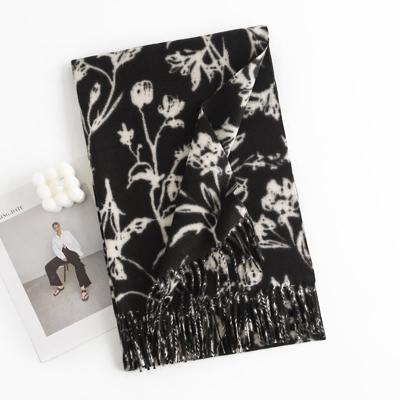 Châle tibétain en Buddha Stones, branches de fleurs en fleurs, imprimé pompons, écharpe chaude et confortable pour l'automne et l'hiver - Fleur noire dressée 180*65cm - image 3