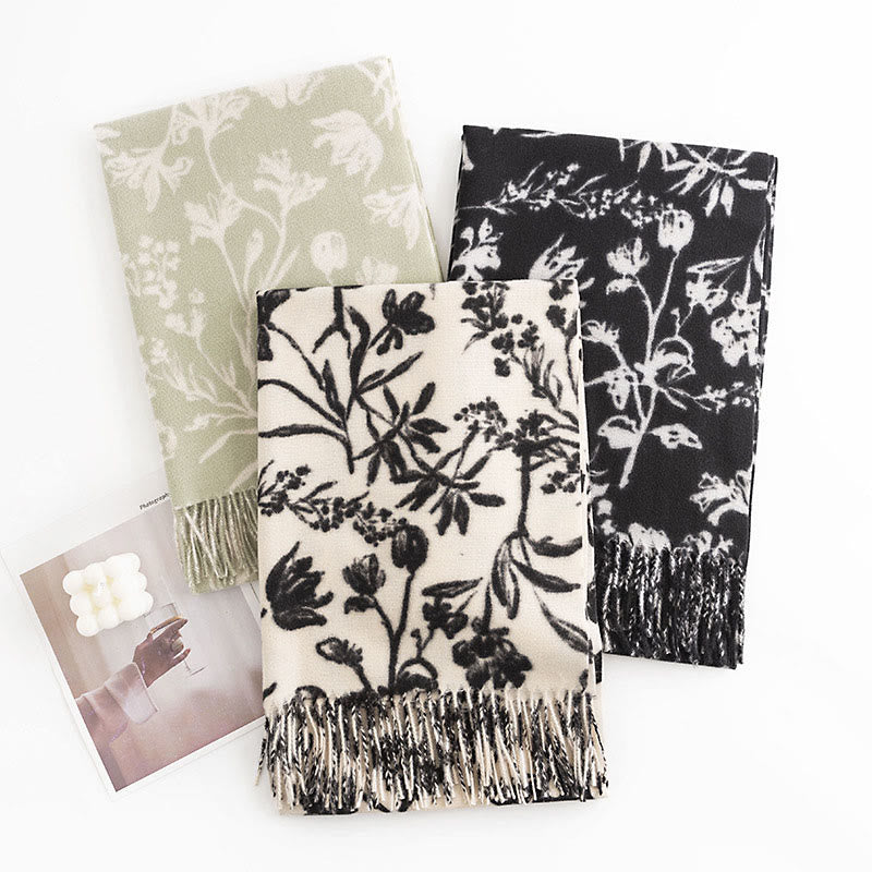 Châle tibétain en Buddha Stones, branches de fleurs en fleurs, imprimé pompons, écharpe chaude et confortable pour l'automne et l'hiver - image 9