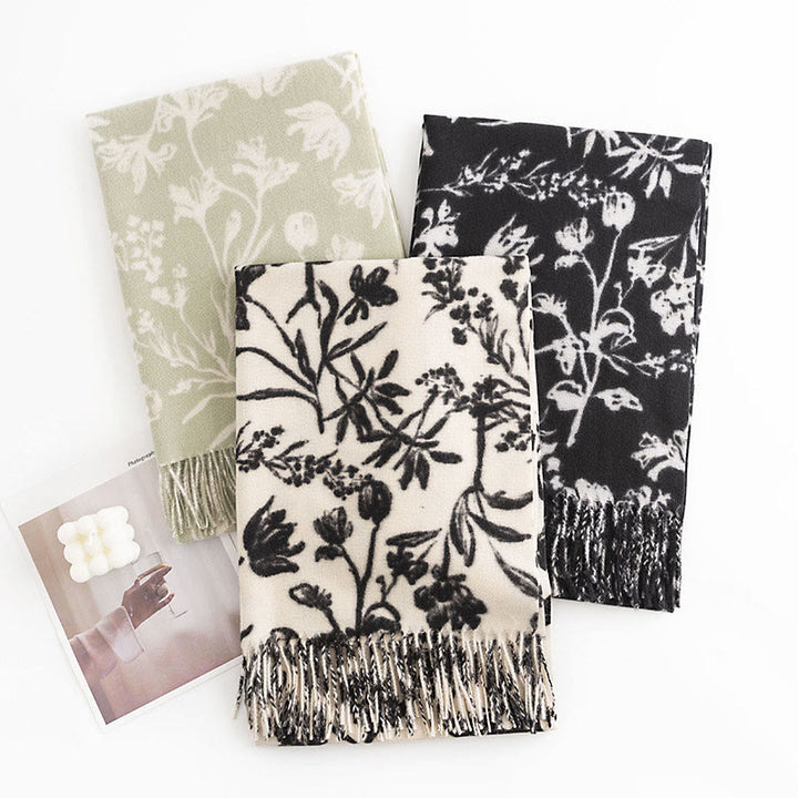 Châle tibétain en Buddha Stones, branches de fleurs en fleurs, imprimé pompons, écharpe chaude et confortable pour l'automne et l'hiver - image 9