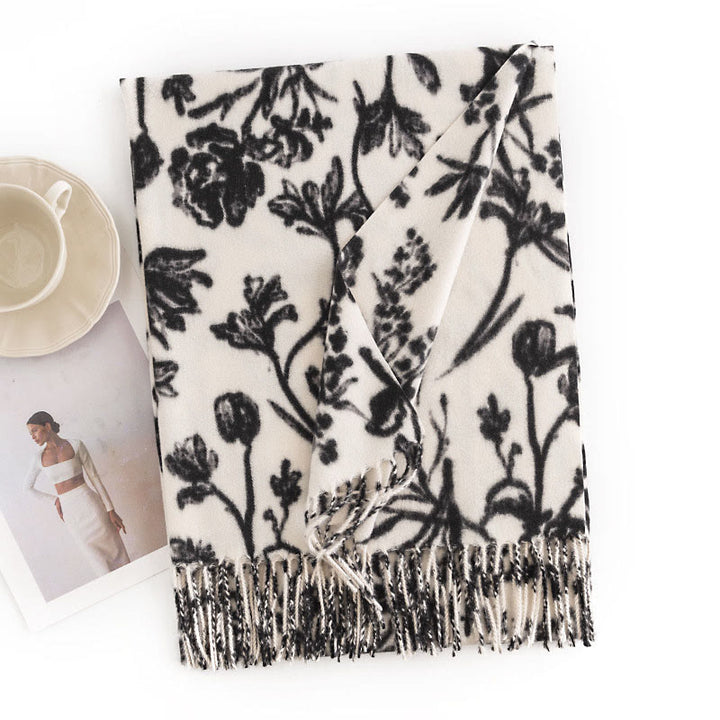 Châle tibétain en Buddha Stones, branches de fleurs en fleurs, imprimé pompons, écharpe chaude et confortable pour l'automne et l'hiver - Blanc 180*65cm - image 4