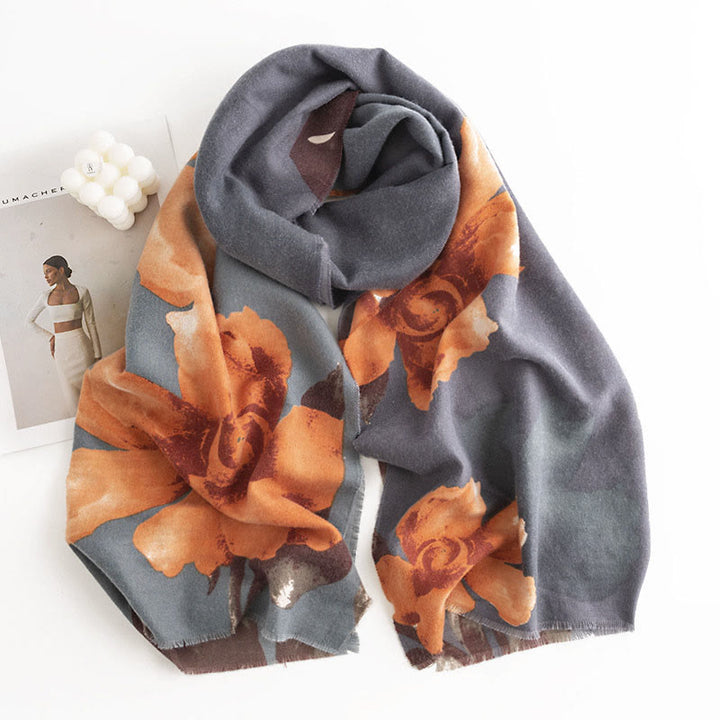 Châle tibétain en Buddha Stones , style artistique, imprimé hibiscus syriaque, écharpe chaude et confortable pour l'automne et l'hiver - image 2