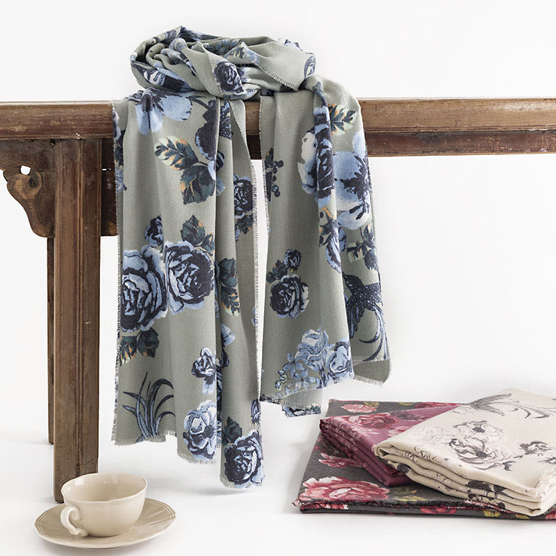 Châle tibétain Buddha Stones Garden Style Rose Flower Print Automne Hiver Doux Chaud Écharpe Wrap - Vert pâle 180*65cm - image 0