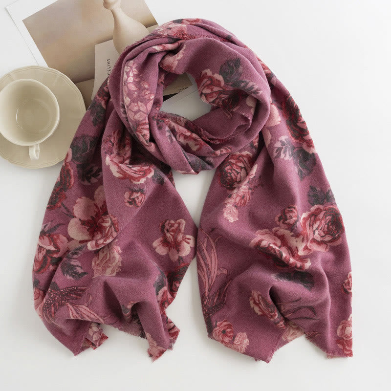 Châle tibétain Buddha Stones Garden Style Rose Flower Print Automne Hiver Doux Chaud Écharpe Wrap - Violet moyen rouge 180 x 65 cm - image 9