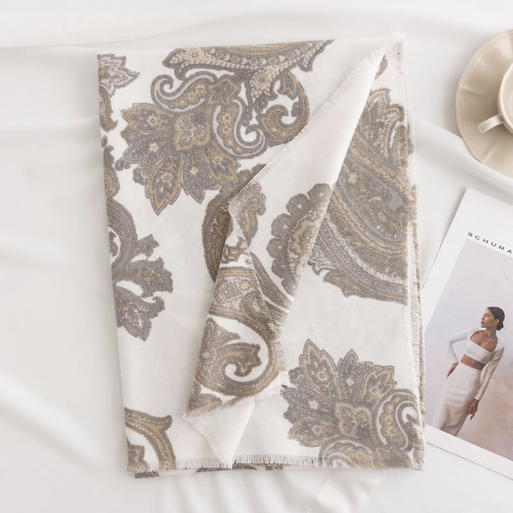 Châle imprimé cachemire tibétain Buddha Stones pour l'automne et l'hiver, écharpe douce et chaude - Blanc 190*65cm - image 11