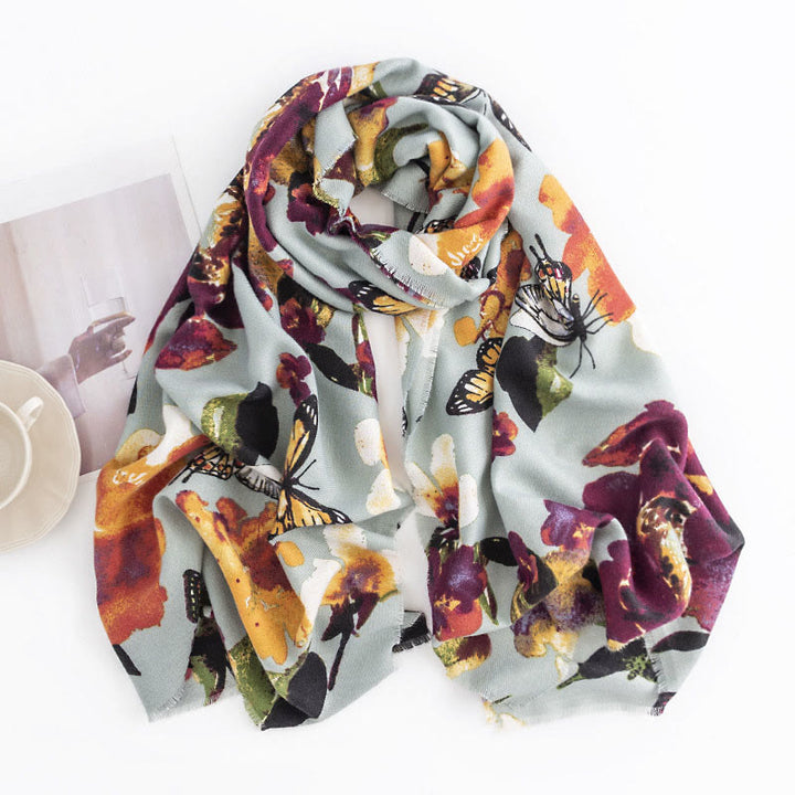Écharpe enveloppante douce et chaude avec imprimé papillon et fleurs colorées et Buddha Stones pour l'automne et l'hiver