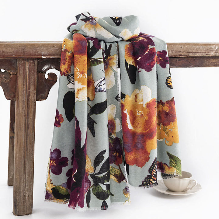 Écharpe enveloppante douce et chaude avec imprimé papillon et fleurs colorées et Buddha Stones pour l'automne et l'hiver