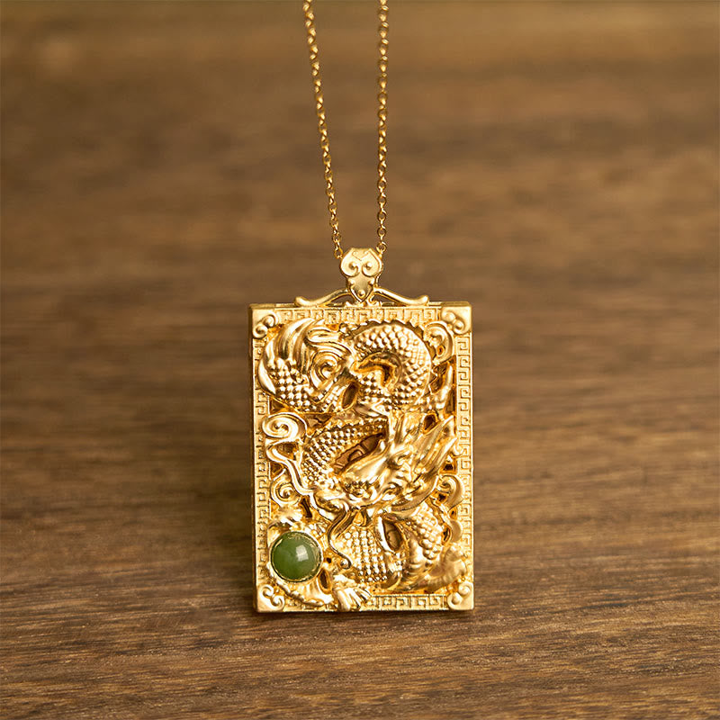 Collier pendentif en jade Hetian plaqué or avec Buddha Stones et dragon - Dragon de jade Hetian en cuivre plaqué or - image 1