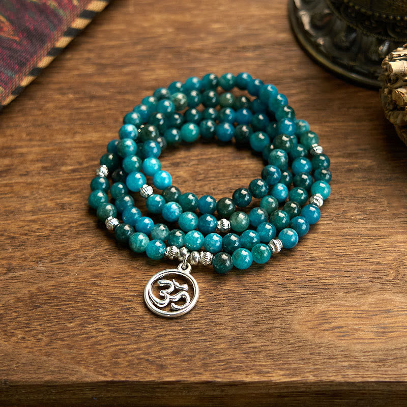 Bracelet Mala en Buddha Stones , 108 perles d'apatite, Om, Arbre de Vie, Lotus - Apatite-OM - image 0