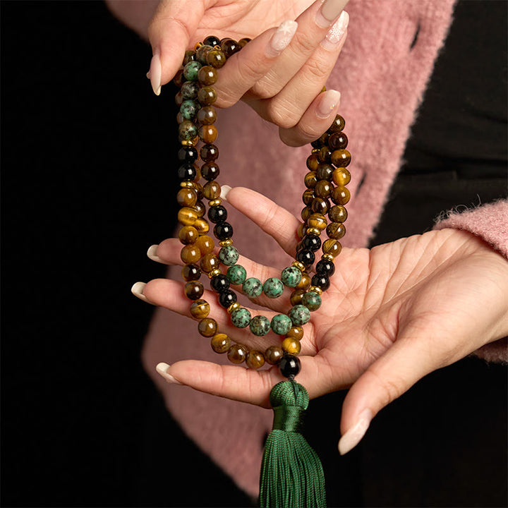 Bracelet de protection à pampilles en perles turquoise œil de tigre en pierre naturelle Mala 108 Buddha Stones