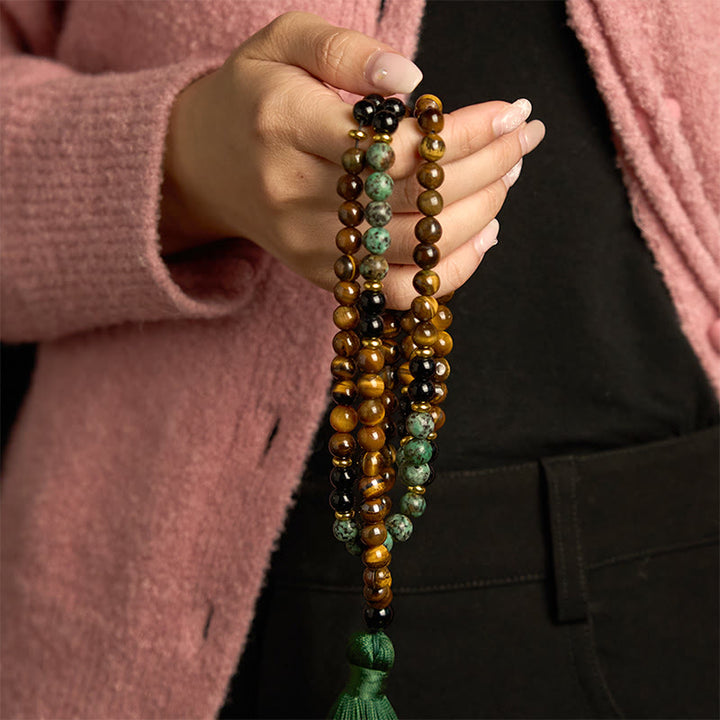 Bracelet de protection à pampilles en perles turquoise œil de tigre en pierre naturelle Mala 108 Buddha Stones
