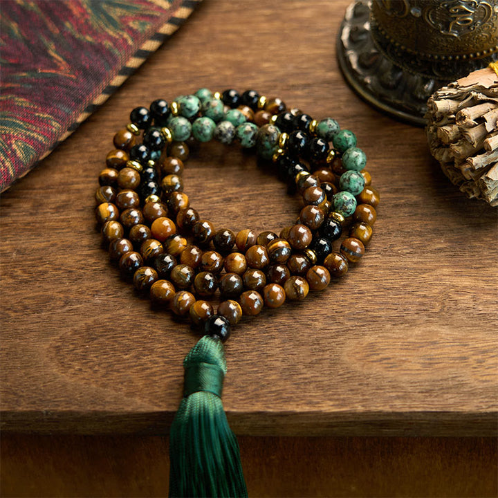 Bracelet de protection à pampilles en perles turquoise œil de tigre en pierre naturelle Mala 108 Buddha Stones