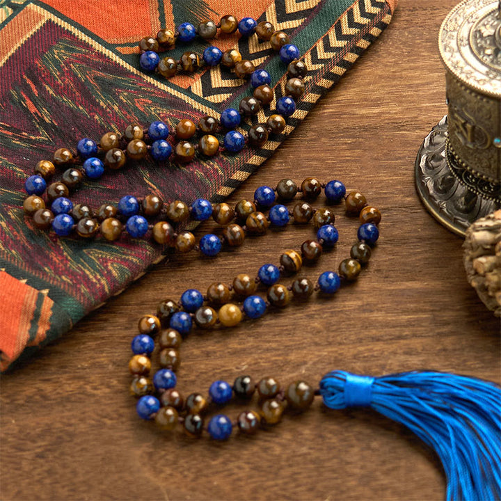 Bracelet de protection Mala à pompon en pierre naturelle œil de tigre lazurite 108 Buddha Stones