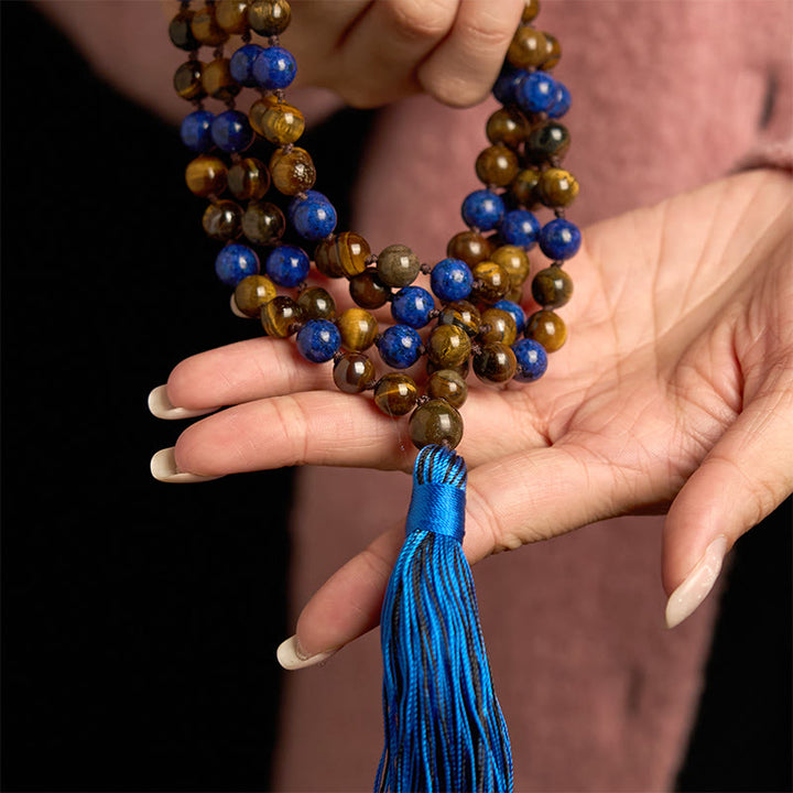 Bracelet de protection Mala à pompon en pierre naturelle œil de tigre lazurite 108 Buddha Stones