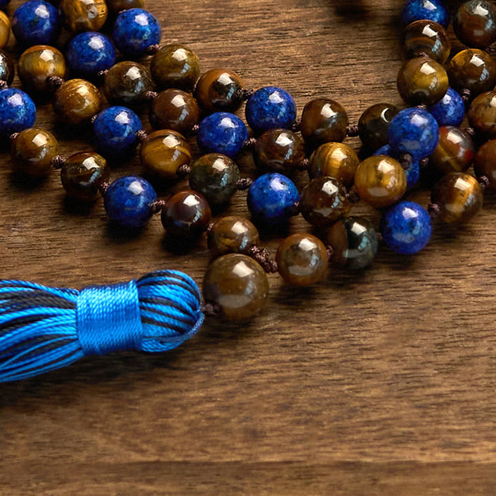 Bracelet mala à Buddha Stones, composé de 108 perles en œil de tigre, lazurite et lapis-lazuli naturel. - image 5