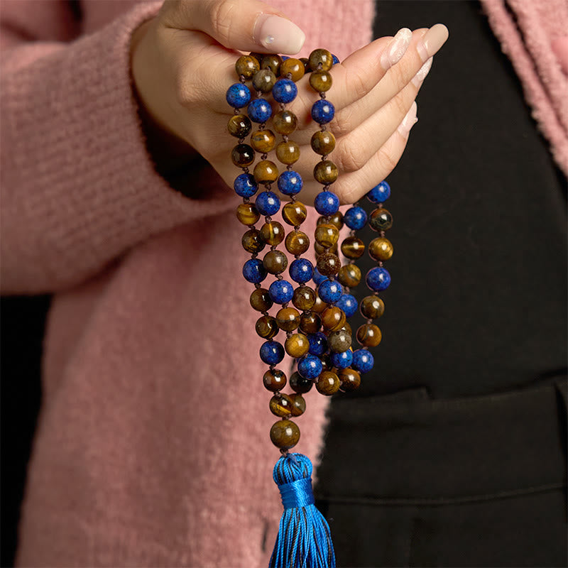 Bracelet de protection Mala à pompon en pierre naturelle œil de tigre lazurite 108 Buddha Stones