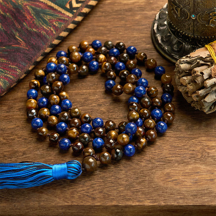 Bracelet mala à Buddha Stones, composé de 108 perles en œil de tigre, lazurite et lapis-lazuli naturel. - Perle de lazurite œil de tigre de 8 mm - image 0