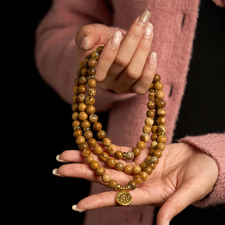 Bracelet Mala Courage Lotus en Jaspe Photo 108 Perles Buddha Stones
