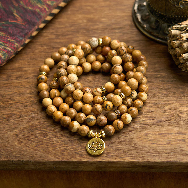 Bracelet Mala Courage Lotus en Jaspe Photo 108 Perles Buddha Stones