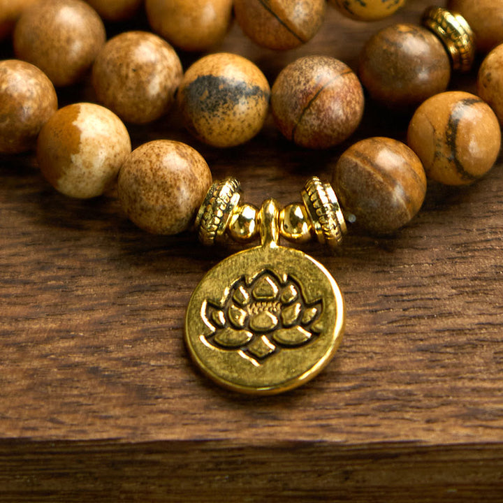 Bracelet Mala Courage Lotus en Jaspe Photo 108 Perles Buddha Stones