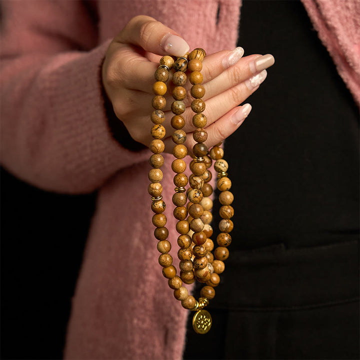 Bracelet Mala Courage Lotus en Jaspe Photo 108 Perles Buddha Stones
