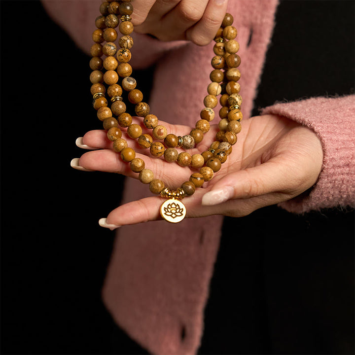 Bracelet Mala Courage Lotus en Jaspe Photo 108 Perles Buddha Stones
