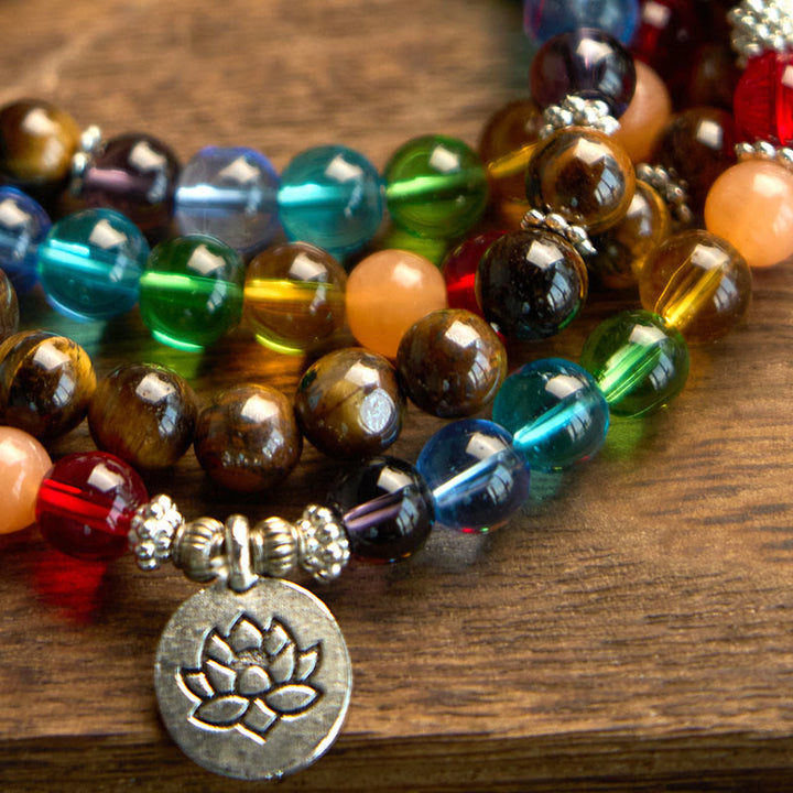 Bracelet de protection Lotus en Buddha Stones Mala en pierre naturelle œil de tigre perles colorées