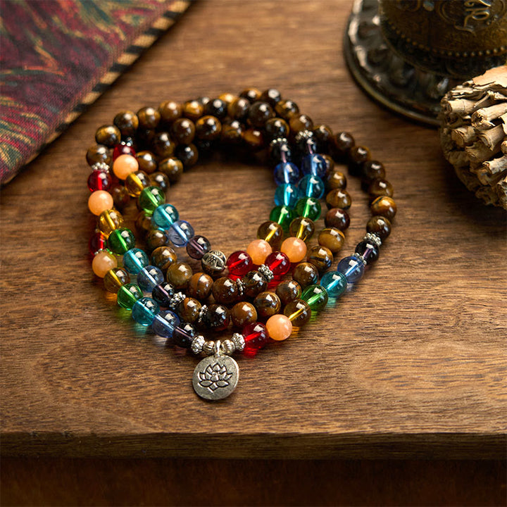 Bracelet de protection Lotus en Buddha Stones Mala en pierre naturelle œil de tigre perles colorées