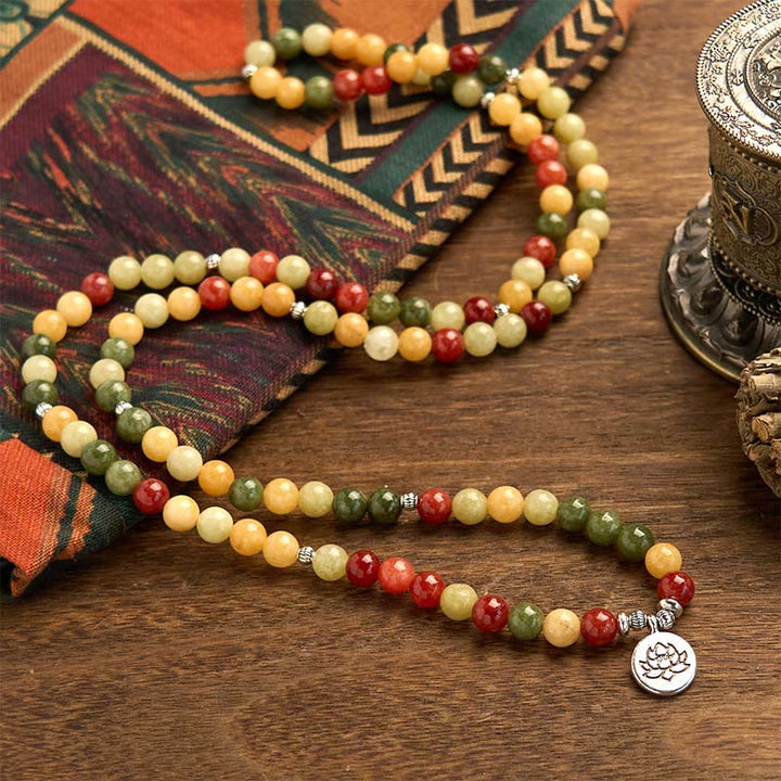 Bracelet de protection Lotus en Buddha Stones 108 perles de Mala en pierre de couleur naturelle Topaze rouge Jaspe vert
