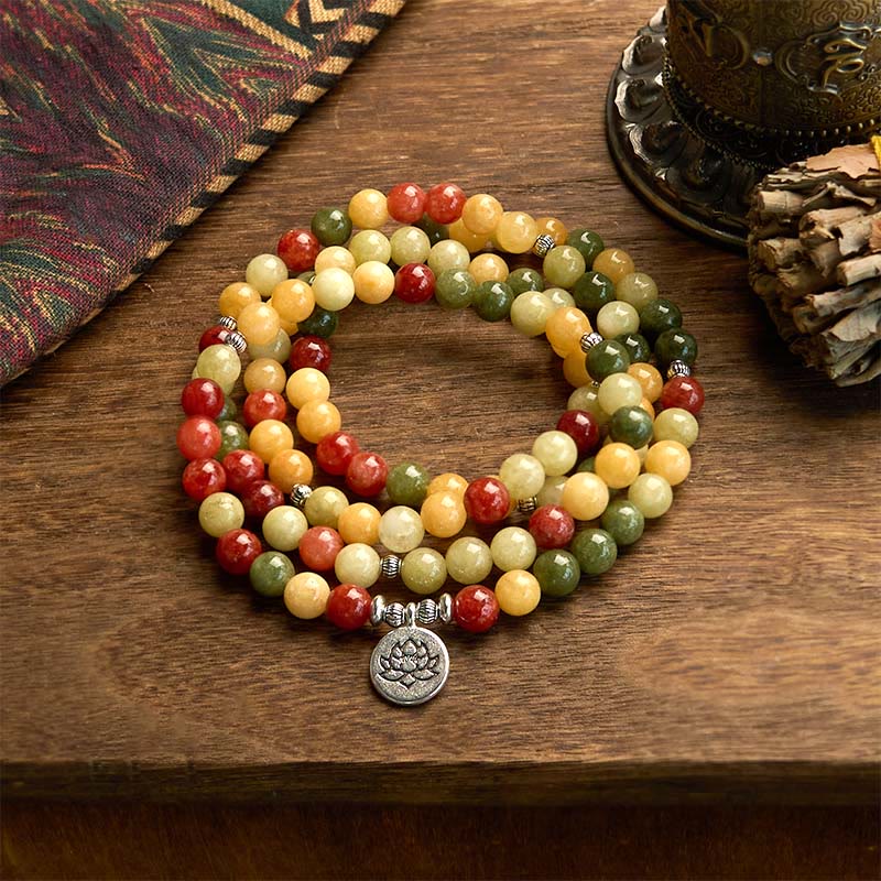Bracelet de protection Lotus en Buddha Stones 108 perles de Mala en pierre de couleur naturelle Topaze rouge Jaspe vert - Topaze, jaspe rouge et jaspe vert (Tour de poignet : 14-16 cm) - image 0