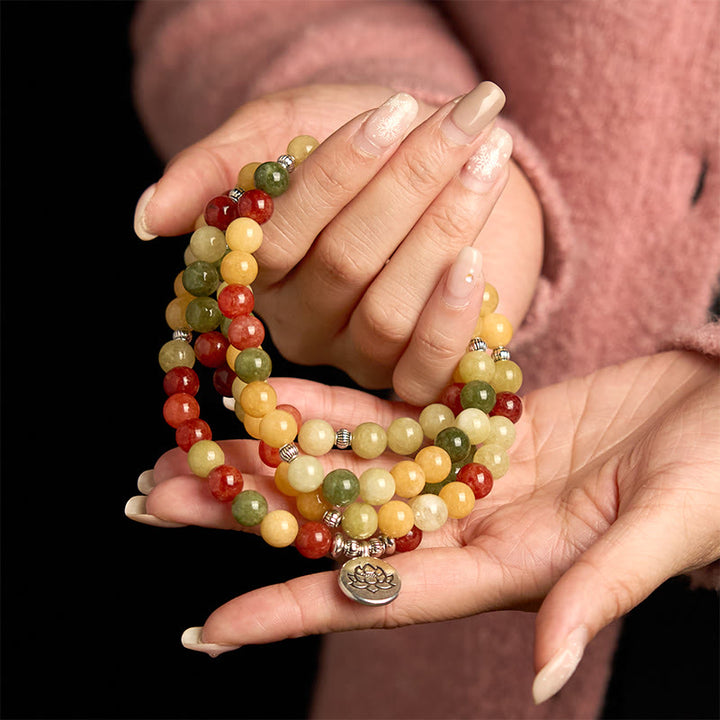 Bracelet de protection Lotus en Buddha Stones 108 perles de Mala en pierre de couleur naturelle Topaze rouge Jaspe vert