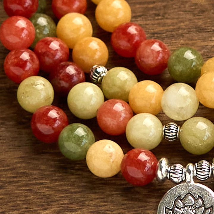 Bracelet de protection Lotus en Buddha Stones 108 perles de Mala en pierre de couleur naturelle Topaze rouge Jaspe vert