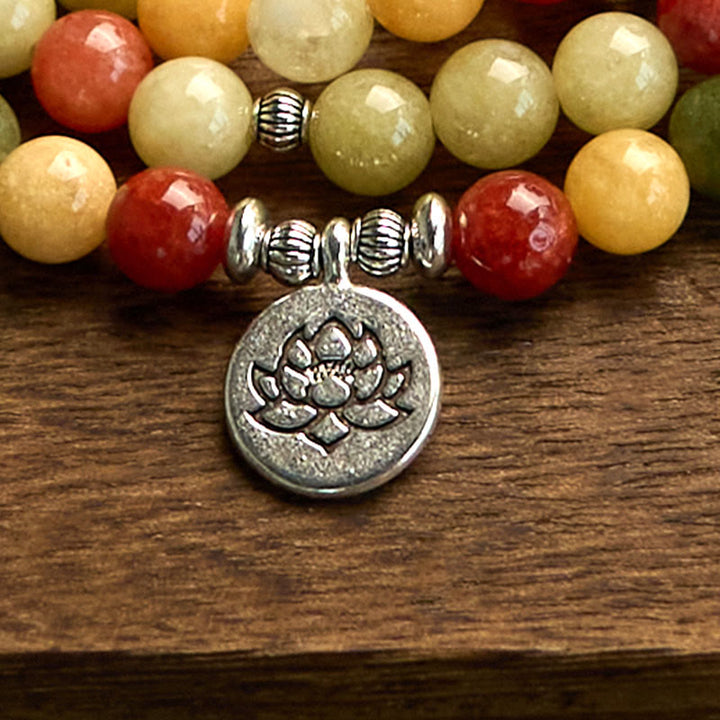 Bracelet de protection Lotus en Buddha Stones 108 perles de Mala en pierre de couleur naturelle Topaze rouge Jaspe vert