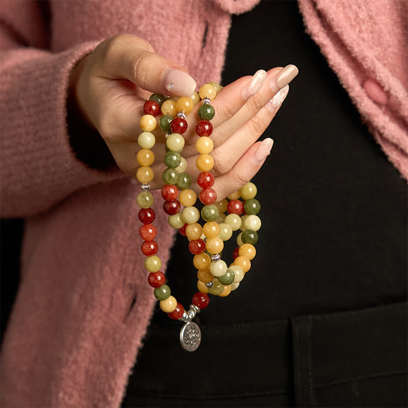 Bracelet de protection Lotus en Buddha Stones 108 perles de Mala en pierre de couleur naturelle Topaze rouge Jaspe vert