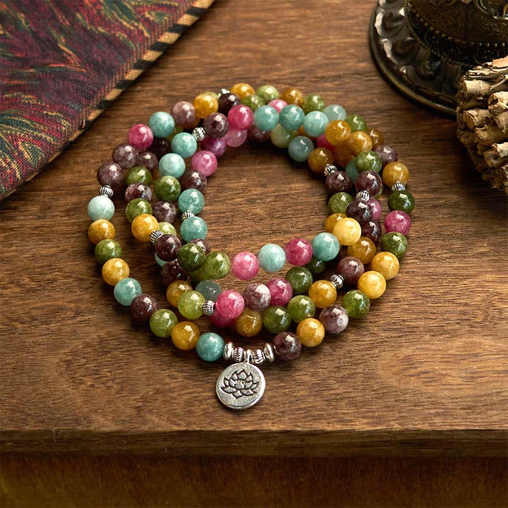 Bracelet de sagesse Lotus en tourmaline naturelle multicouche avec 108 perles Mala Buddha Stones