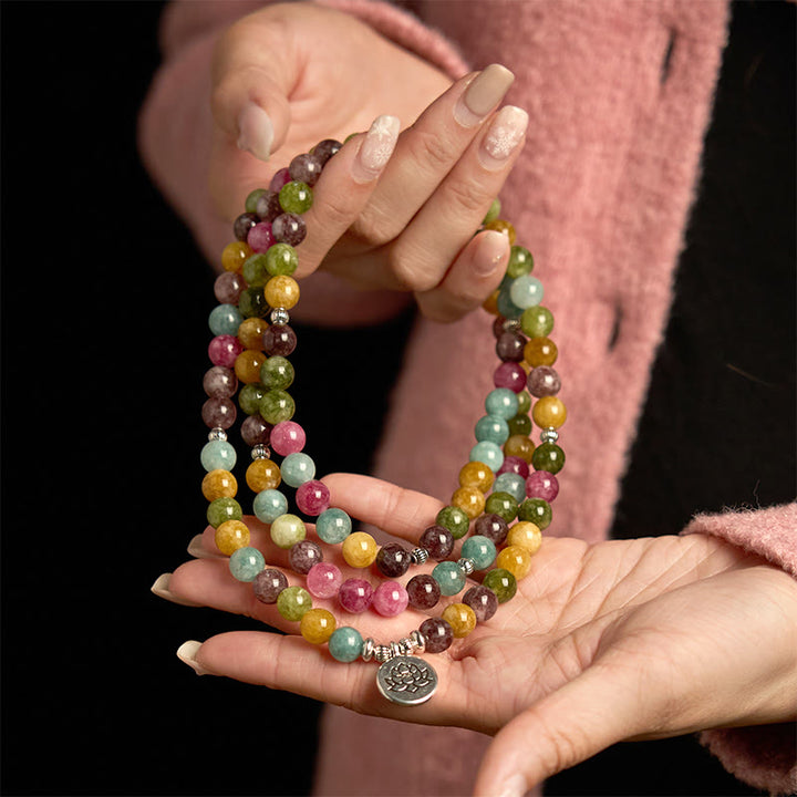 Bracelet de sagesse Lotus en tourmaline naturelle multicouche avec 108 perles Mala Buddha Stones