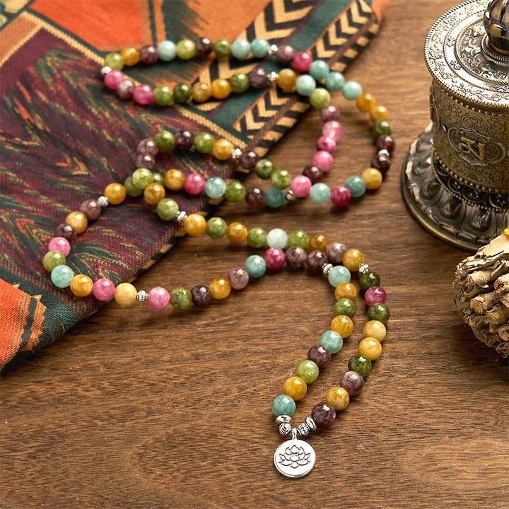 Bracelet de sagesse Lotus en tourmaline naturelle multicouche avec 108 perles Mala Buddha Stones