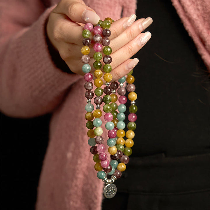 Bracelet de sagesse Lotus en tourmaline naturelle multicouche avec 108 perles Mala Buddha Stones