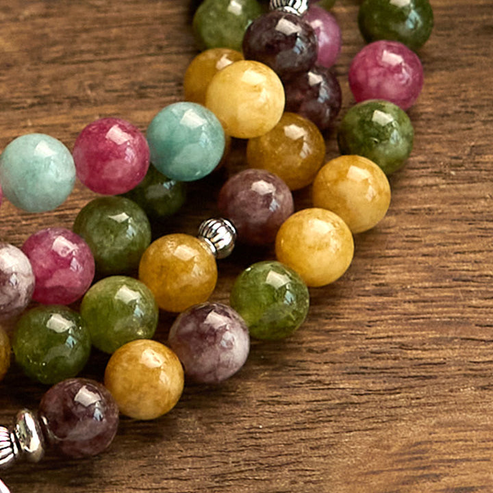 Bracelet de sagesse Lotus en tourmaline naturelle multicouche avec 108 perles Mala Buddha Stones