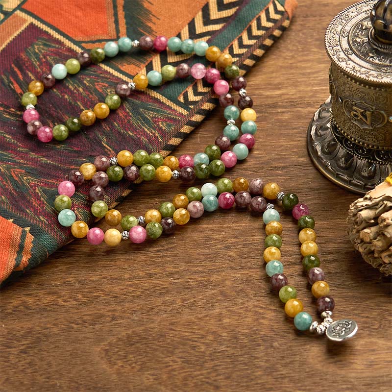 Bracelet de sagesse Lotus en tourmaline naturelle multicouche avec 108 perles Mala Buddha Stones