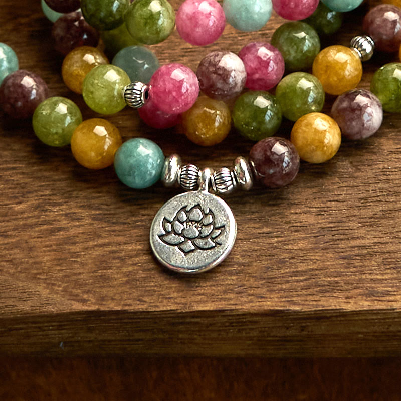Bracelet de sagesse Lotus en tourmaline naturelle multicouche avec 108 perles Mala Buddha Stones