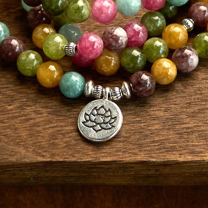 Bracelet de sagesse Lotus en tourmaline naturelle multicouche avec 108 perles Mala Buddha Stones