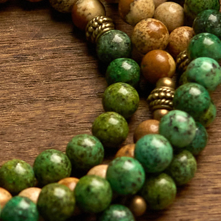 Bracelet Mala 108 perles en pierre naturelle Buddha Stones Jasper Turquoise Lotus Positif