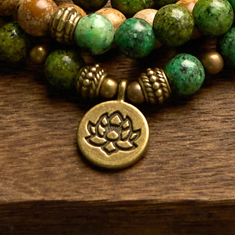 Bracelet Mala 108 perles en pierre naturelle Buddha Stones Jasper Turquoise Lotus Positif