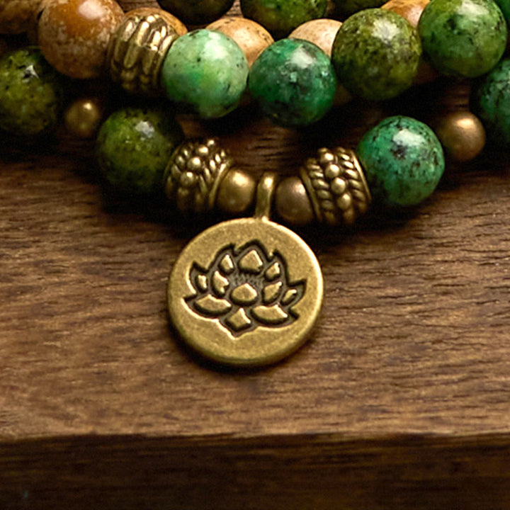 Bracelet Mala 108 perles en pierre naturelle Buddha Stones Jasper Turquoise Lotus Positif