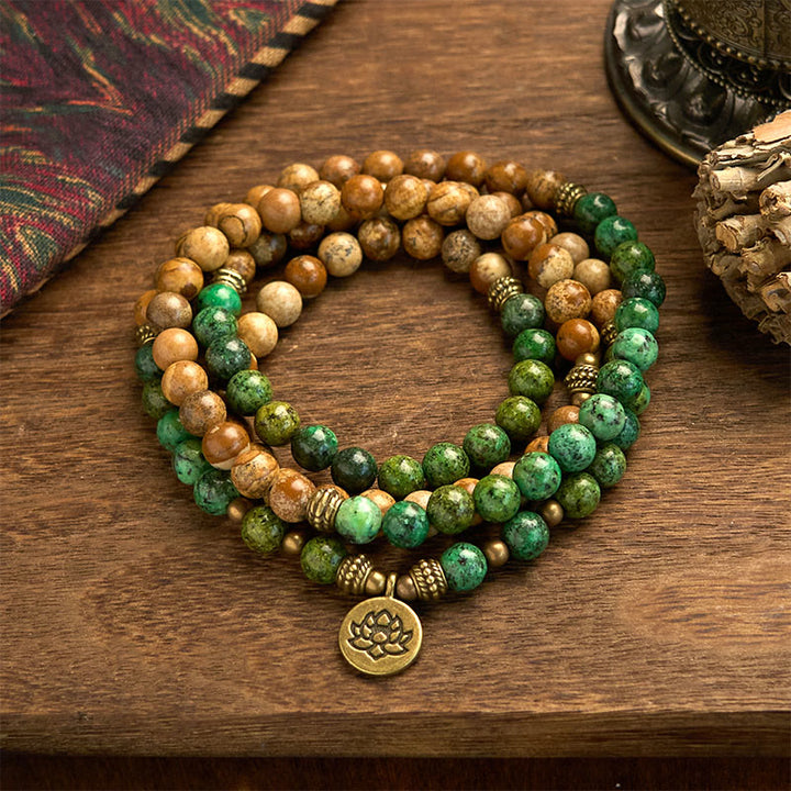 Bracelet Mala 108 perles en pierre naturelle Buddha Stones Jasper Turquoise Lotus Positif